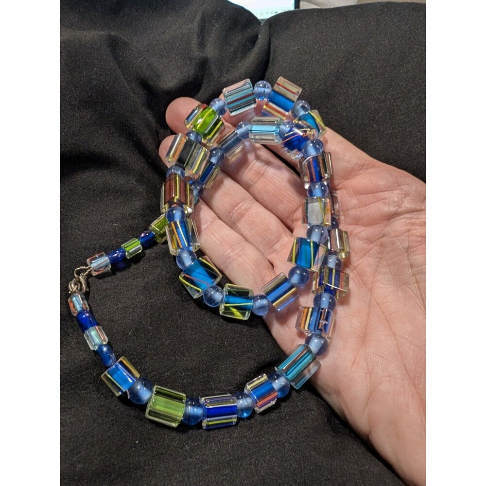 Vintage Artisan Striped Lampwork Glass Tube Bead Necklace Geometric Boho